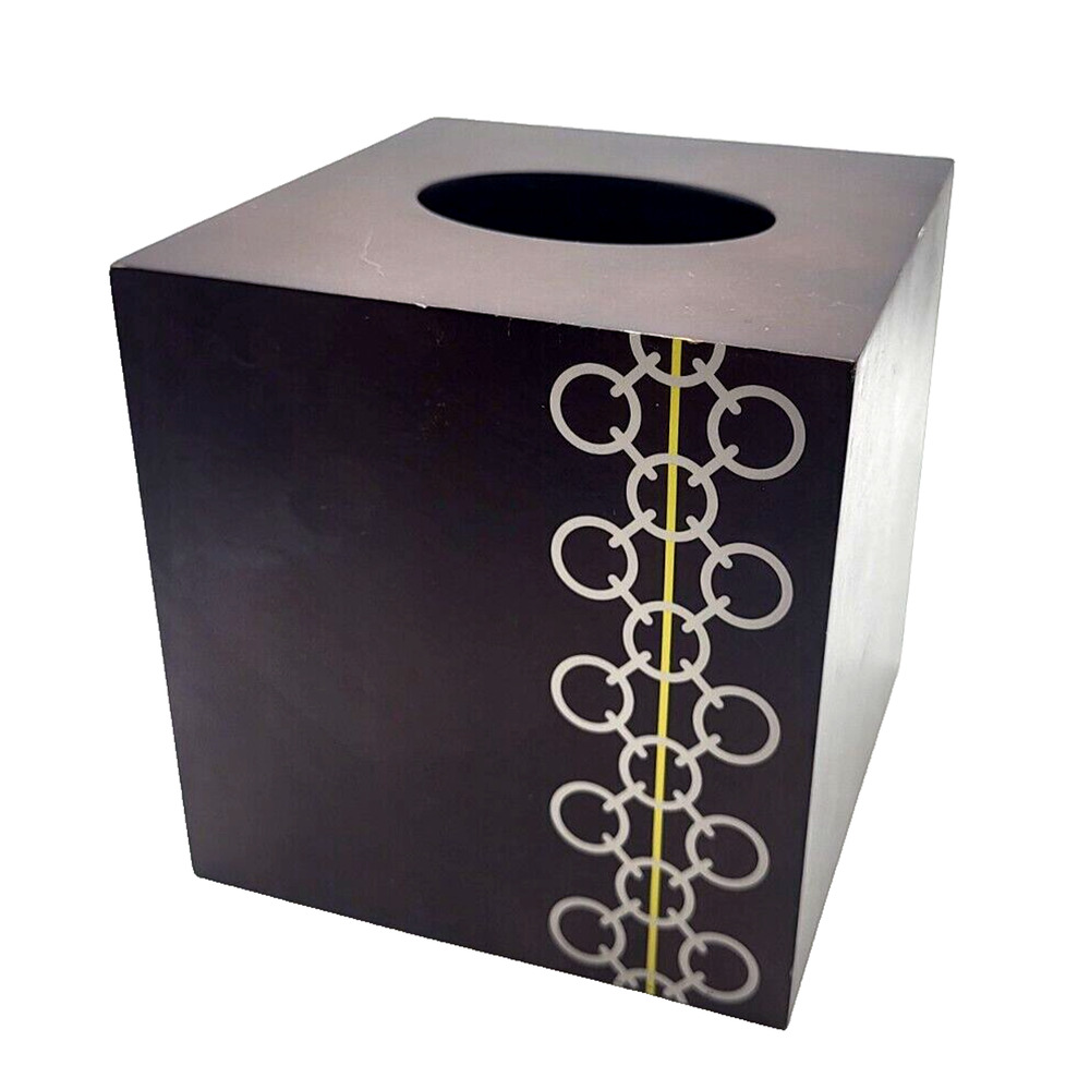 Jaclyn Smith Chain Links Wood Tissue Box Cover Brown Silver 5.5" Cube